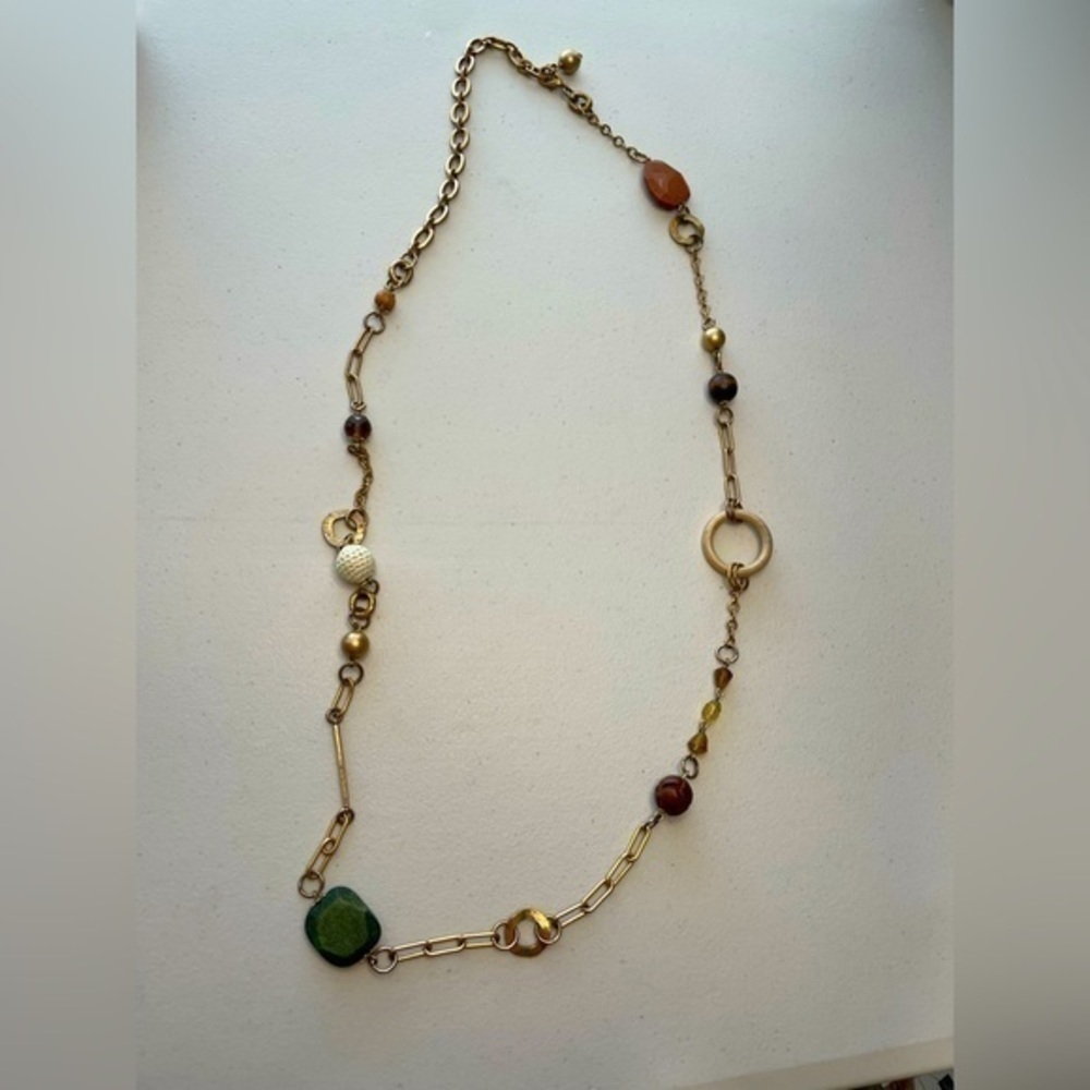 Bohemian Necklace Gold-tone With Cloth, Hand-carved Wooden Beads 23” Length - Picture 3 of 8